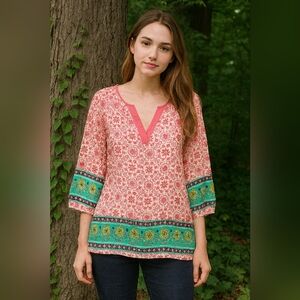 Ezra Boho Print Tunic Top Size Small Pink Green Geometric‎ Made in USA Indie